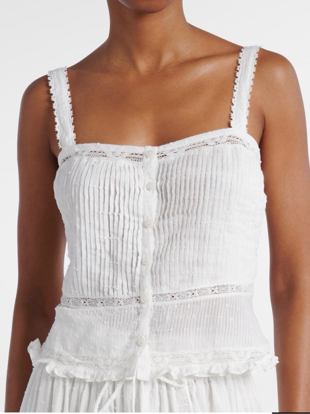 Poupette St Barth White Cropped Top w/ Lace, Summer Vacation Resortwear